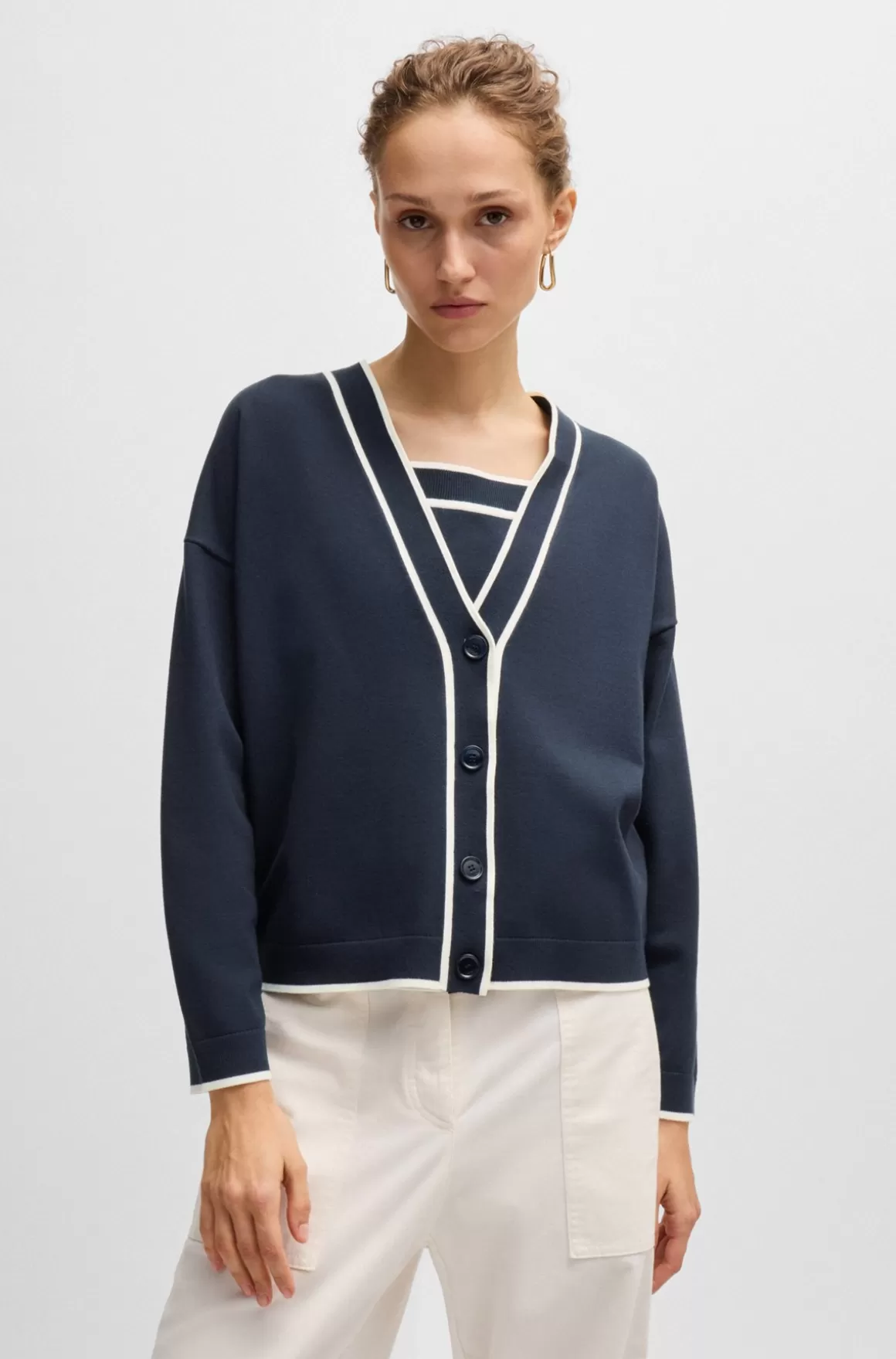 HUGO BOSS Cardigan Med V-hals Og Knaplukning I Stof Med Stræk