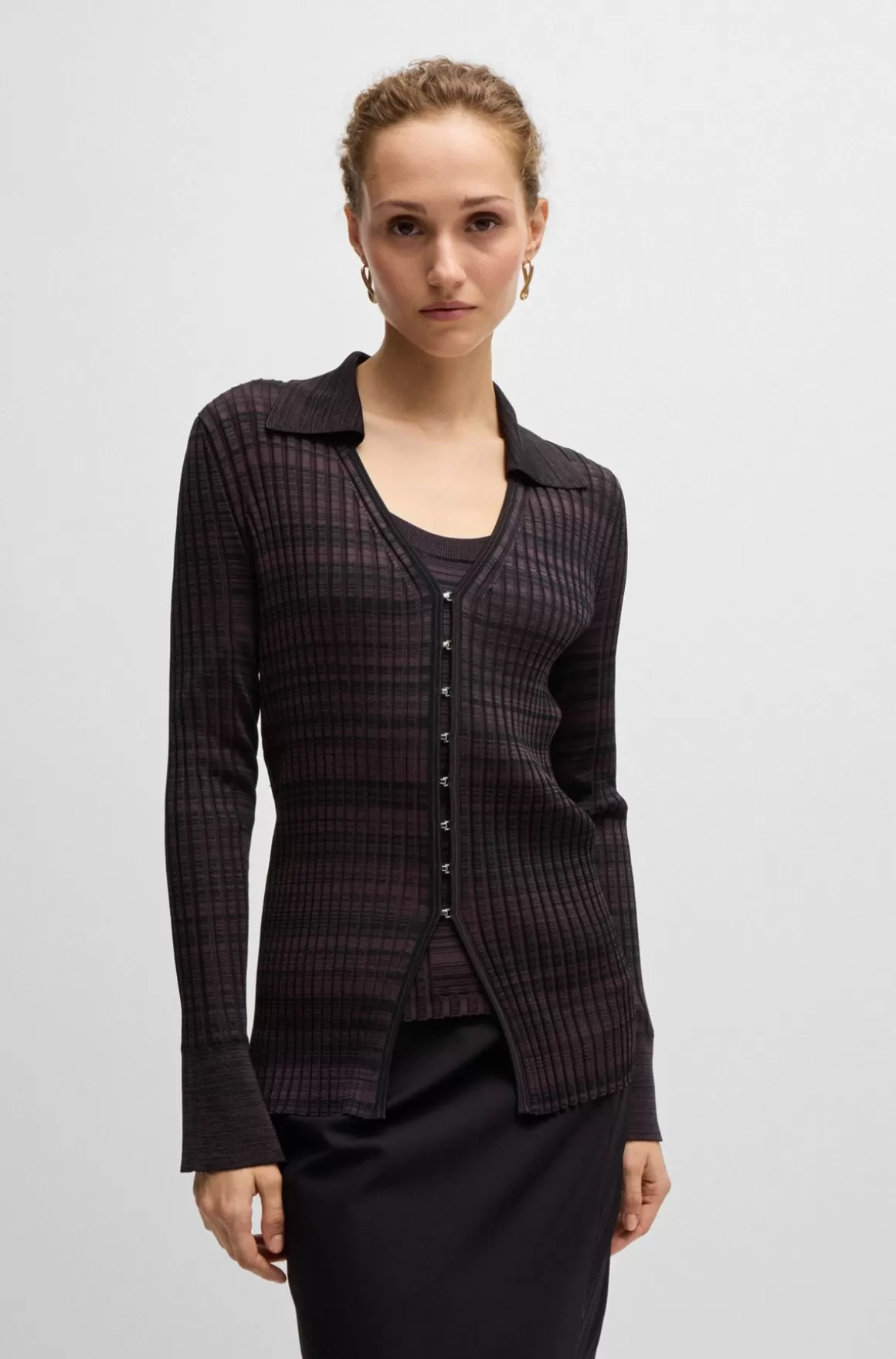 HUGO BOSS Cardigan Med V-hals Og Krave I Ribbet Stof Med Stræk