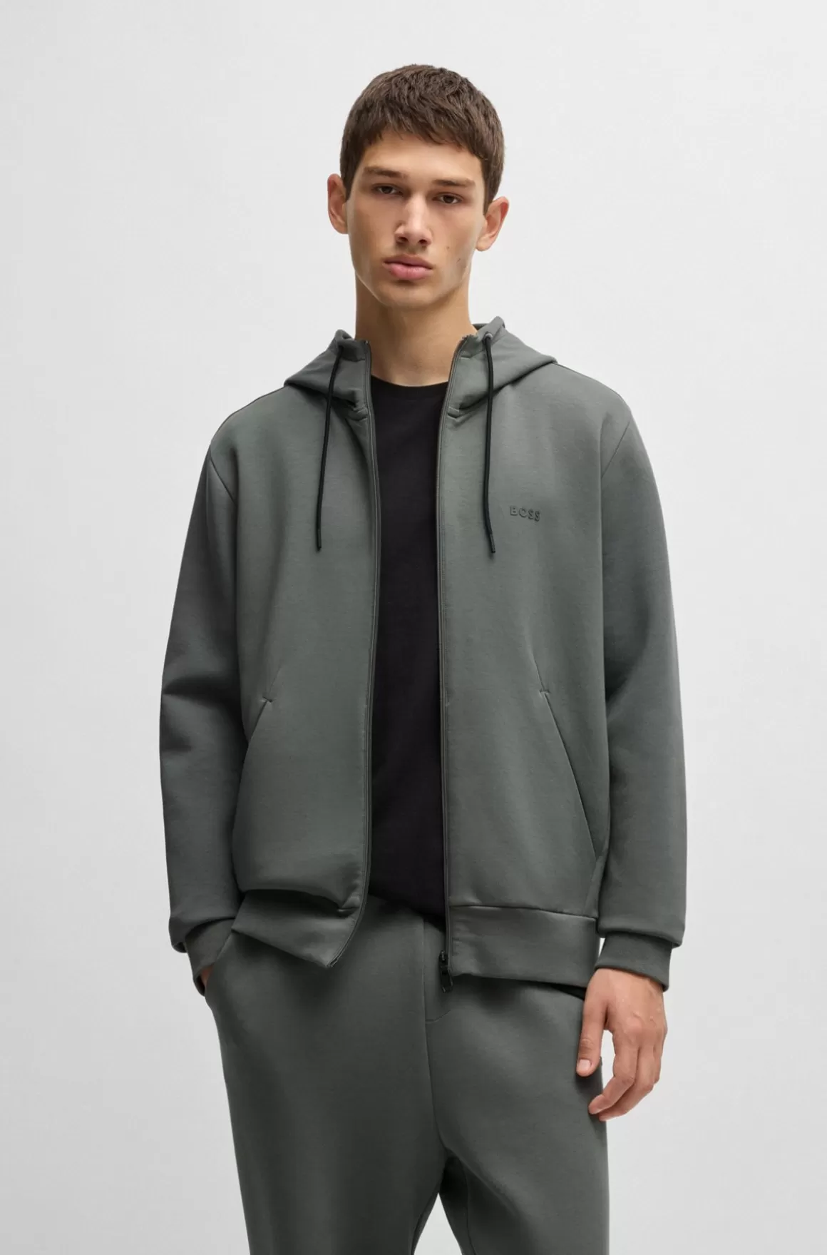 HUGO BOSS Hættetrøje Med Lynlås I Bomuld Med Stræk Og Logoprint
