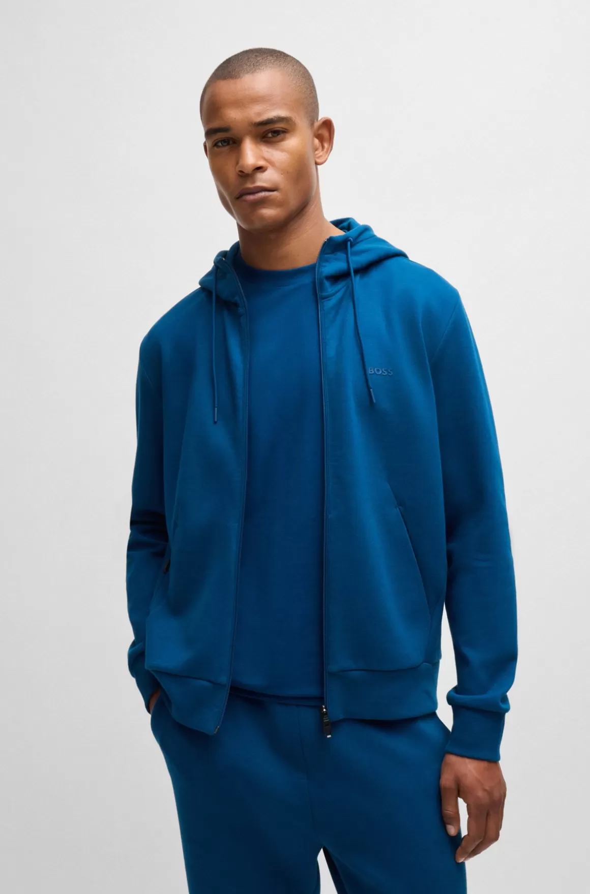 HUGO BOSS Hættetrøje Med Lynlås I Bomuld Med Stræk Og Logoprint