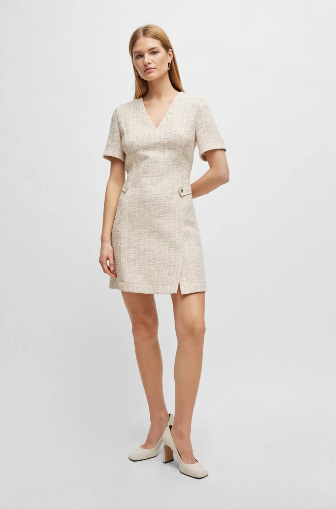 HUGO BOSS Kjole Med V-hals I Meleret Tweed Med Metalknapper
