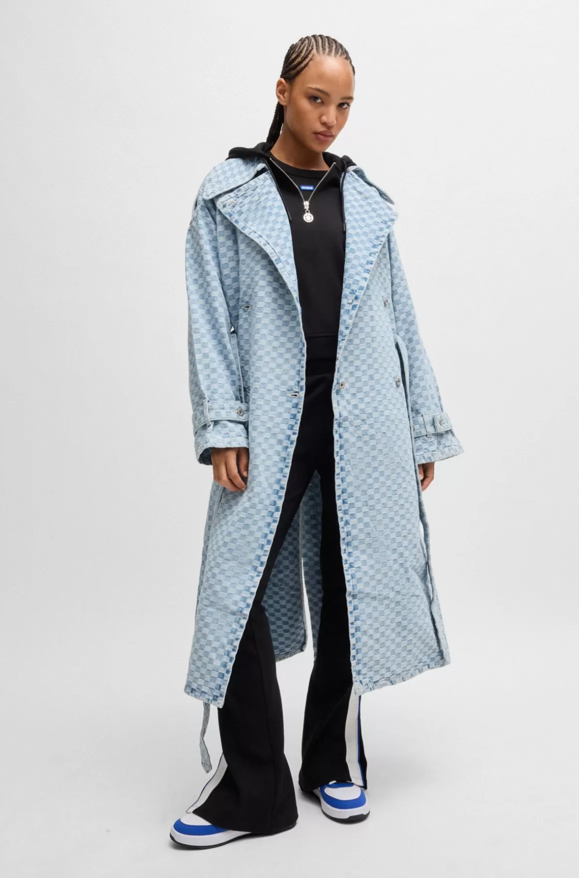 HUGO BOSS Lang Trenchcoat I Skakternet Denimjacquard