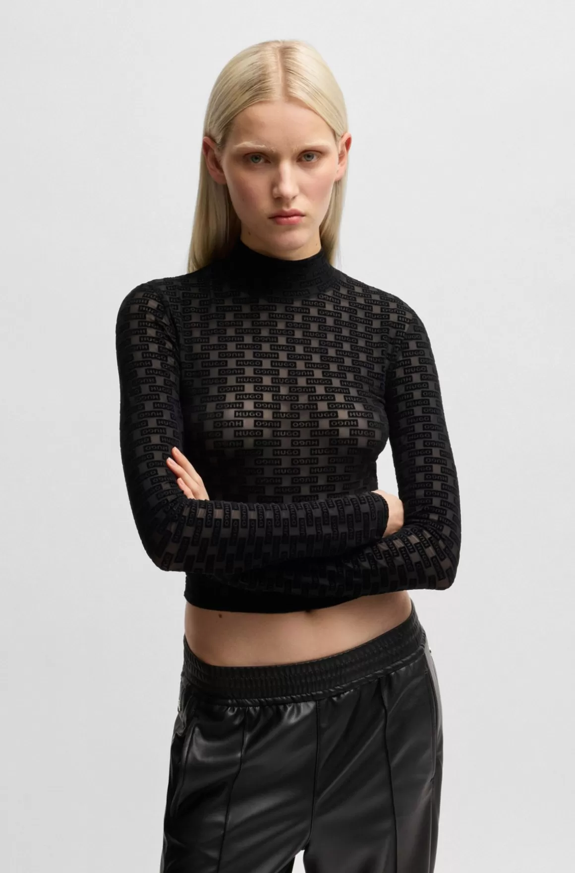 HUGO BOSS Langærmet T-shirt I Mesh Med Sæsonens Print Og Med Stræk