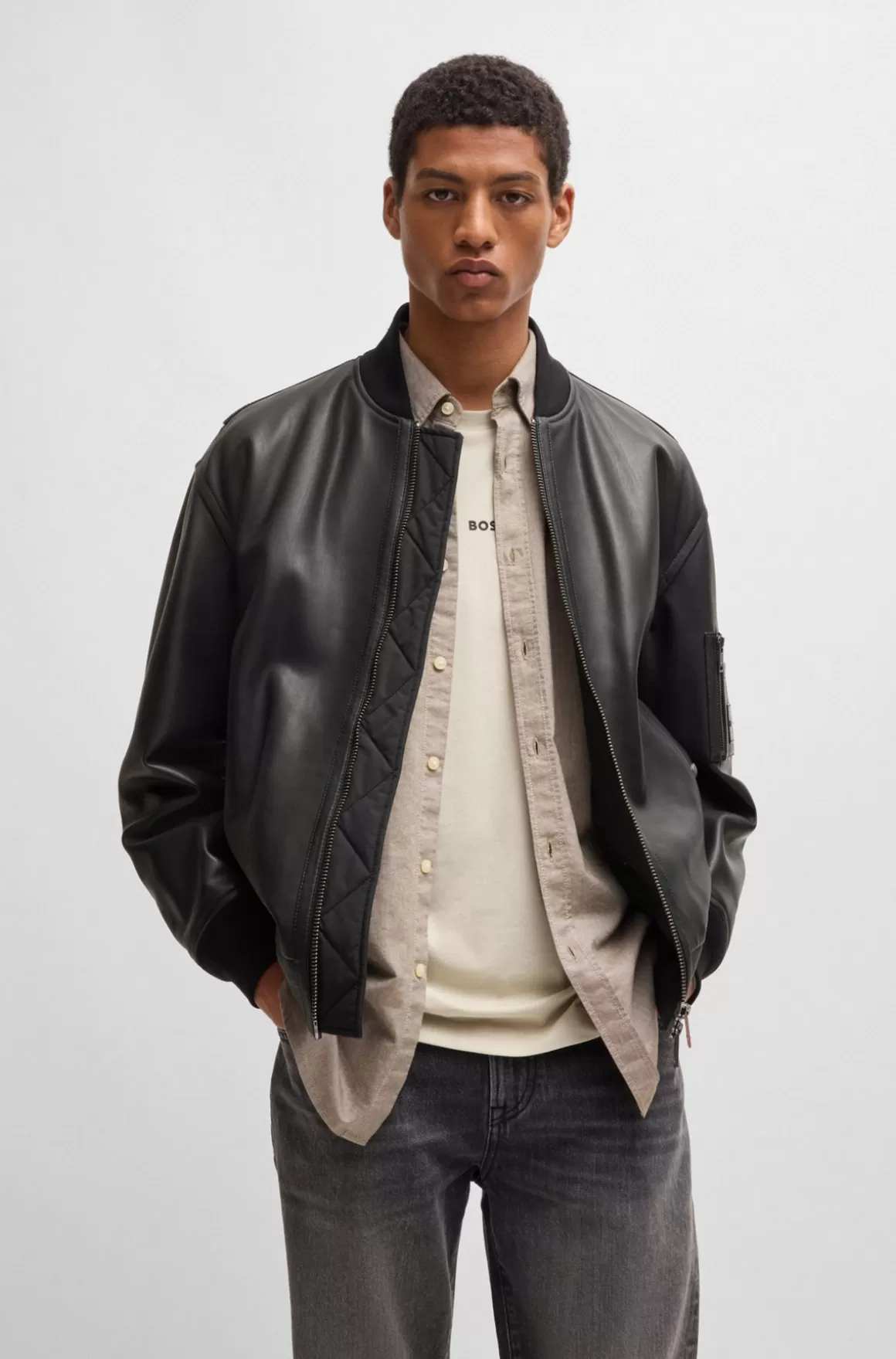 HUGO BOSS Læderjakke Med Relaxed Fit Og Lomme På ærmet