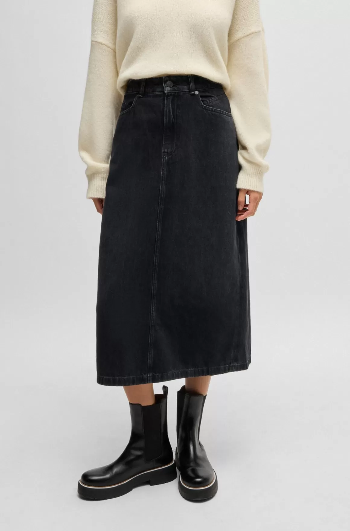 HUGO BOSS Midinederdel I Denim Med Slids Bagtil