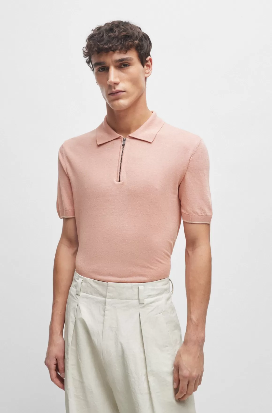 HUGO BOSS Polosweater I Hørblanding Med Lynlås