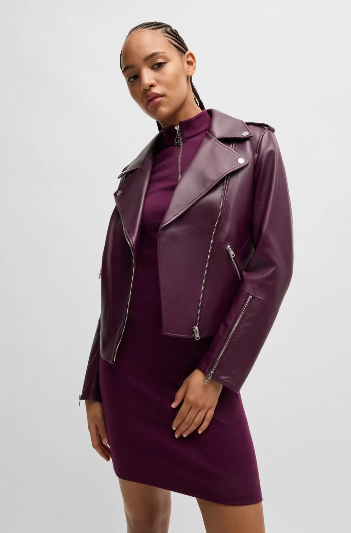HUGO BOSS Regular Fit Bikerjakke I Læder Med Asymmetrisk Lynlås