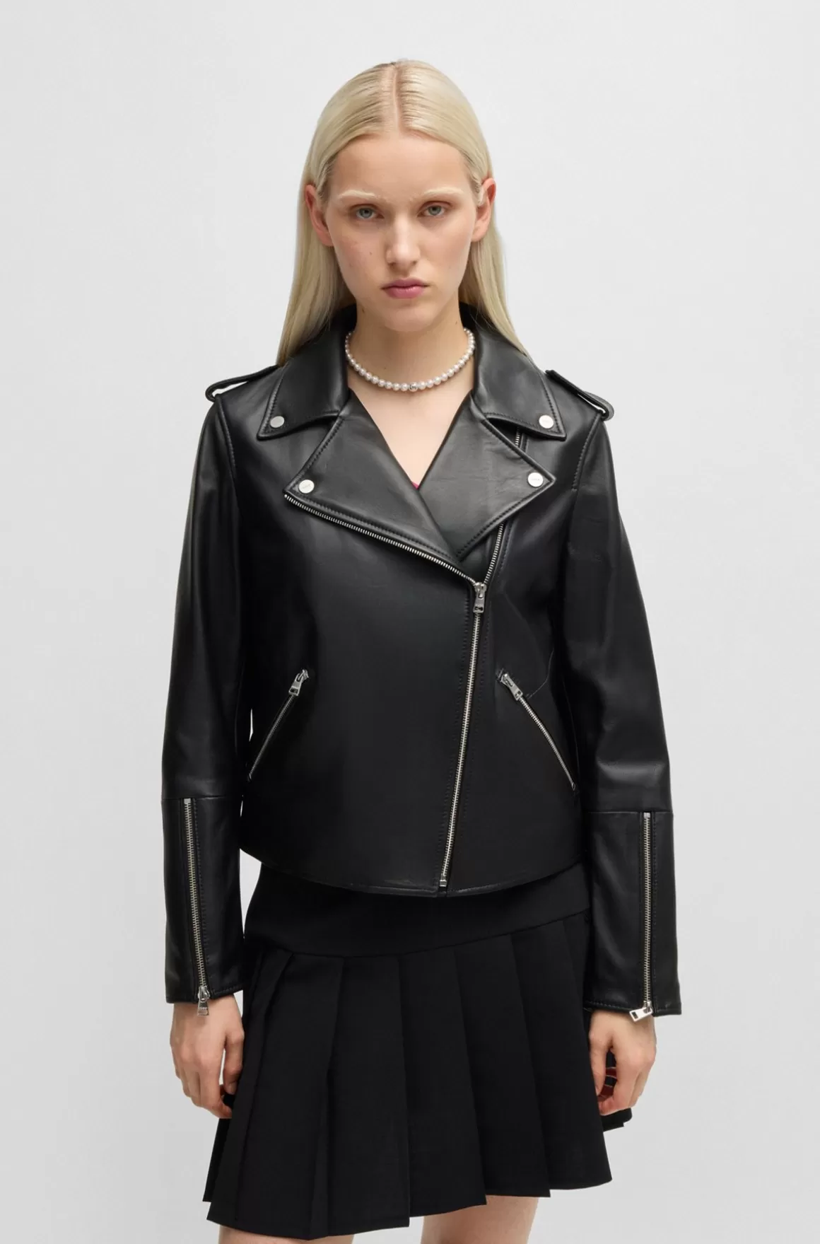 HUGO BOSS Regular Fit Bikerjakke I Læder Med Asymmetrisk Lynlås