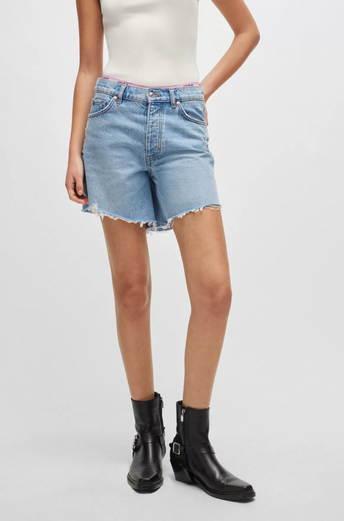 HUGO BOSS Regular Fit Shorts I Mellemblå, Slidt Denim