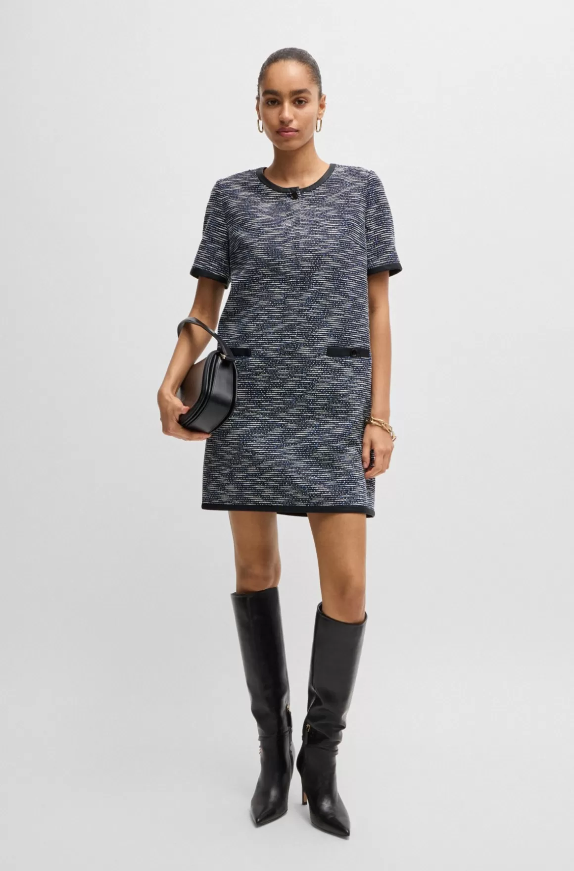 HUGO BOSS Relaxed Fit Kjole I Tweed Af Bomuldsblanding