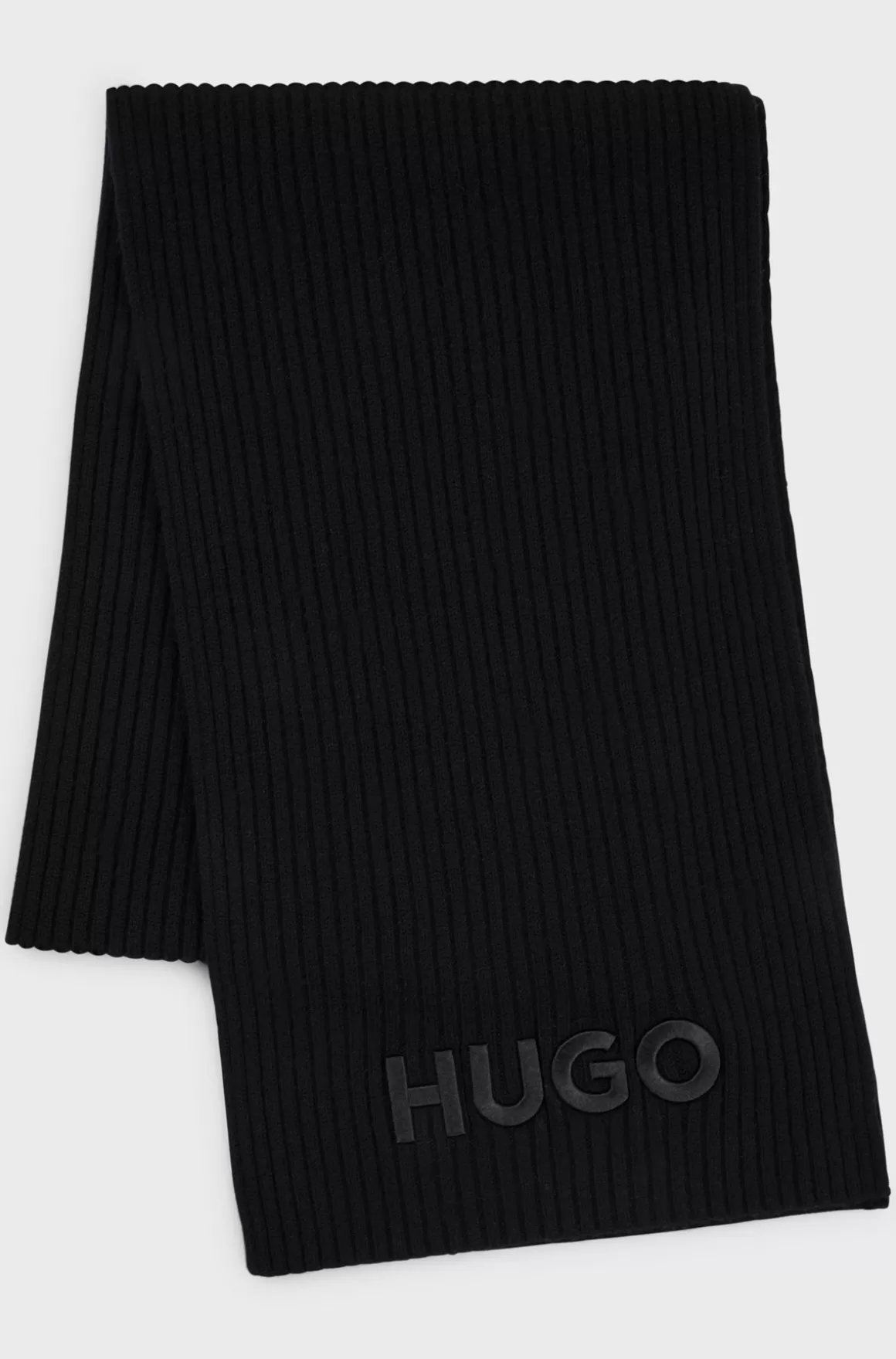 HUGO BOSS Ribstrikket Tørklæde I Ny Uld Med Broderet Logo