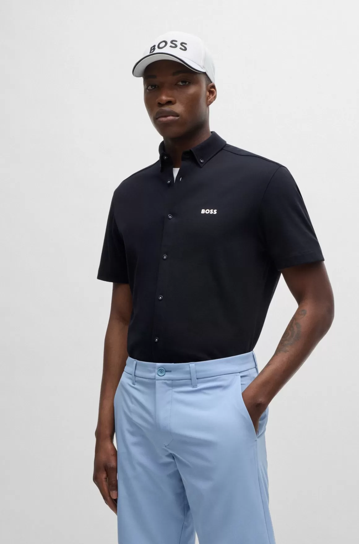 HUGO BOSS Skjorte Med Regular Fit I Strikket Strygelet Bomuld
