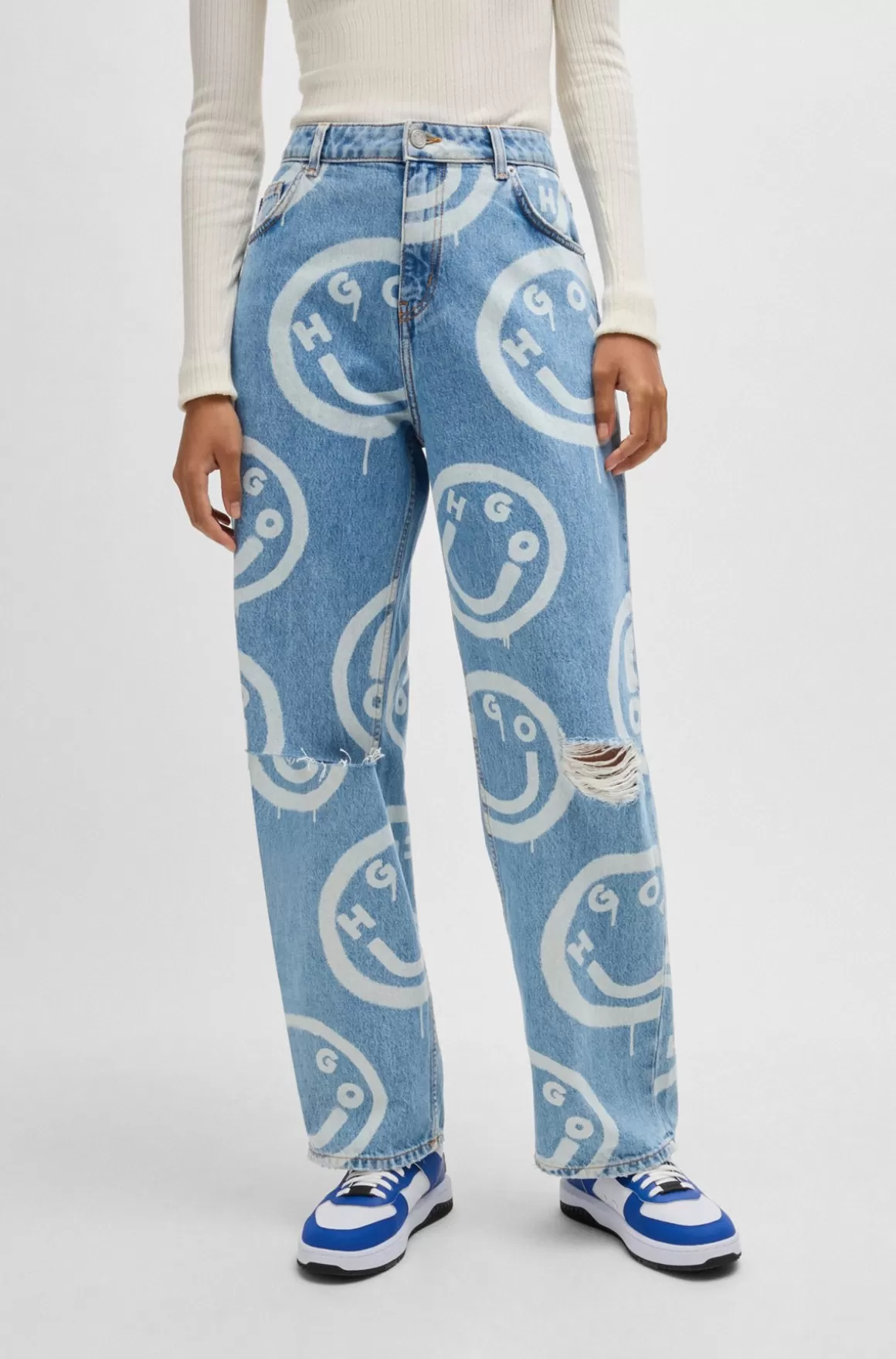 HUGO BOSS Slidte Baggy Fit Jeans Med Happy HUGO Logoer