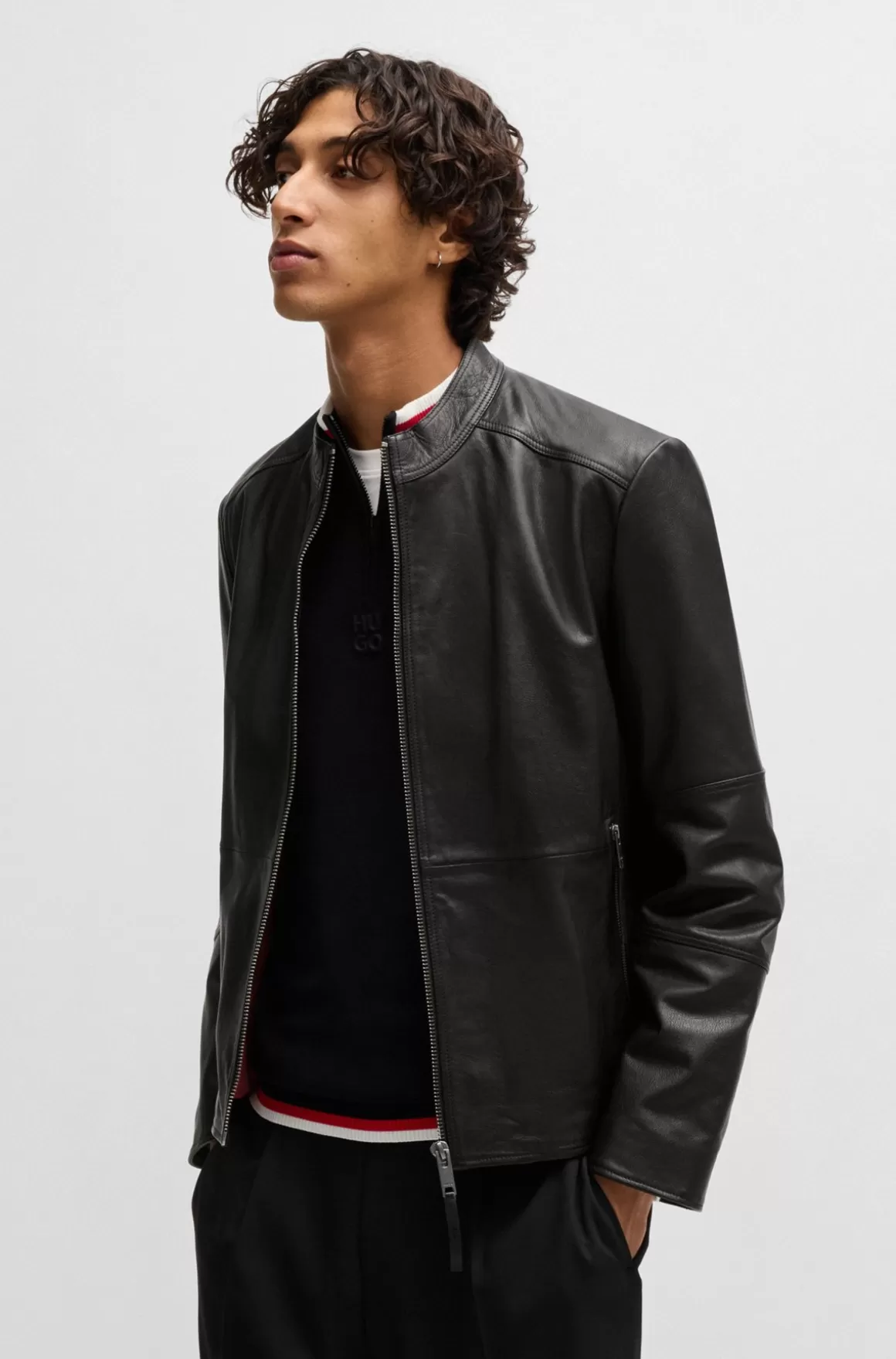 HUGO BOSS Slim Fit Læderjakke Med Kinakrave