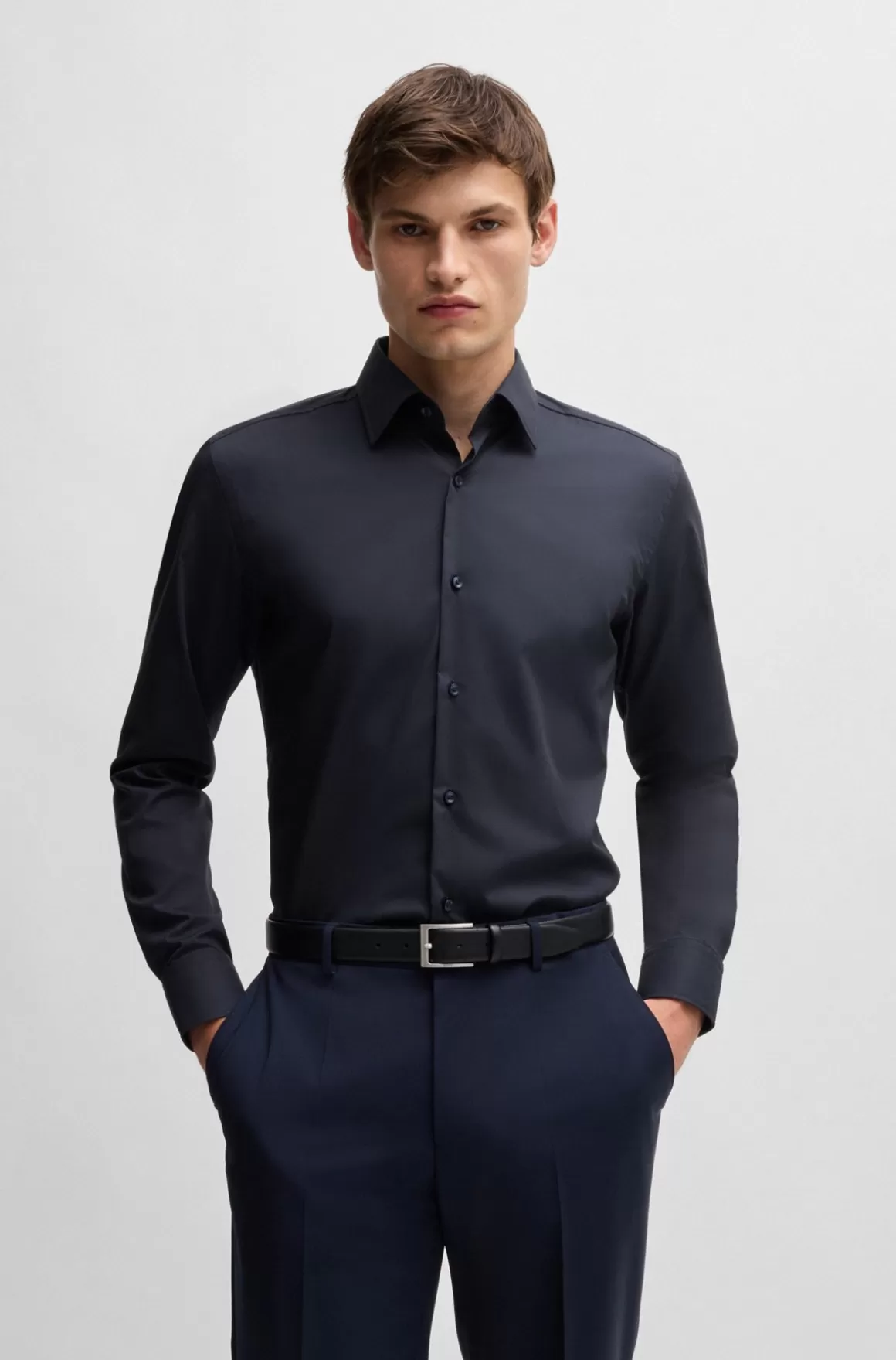 HUGO BOSS Slim Fit Skjorte I Strygelet Bomuldspoplin Med Stræk