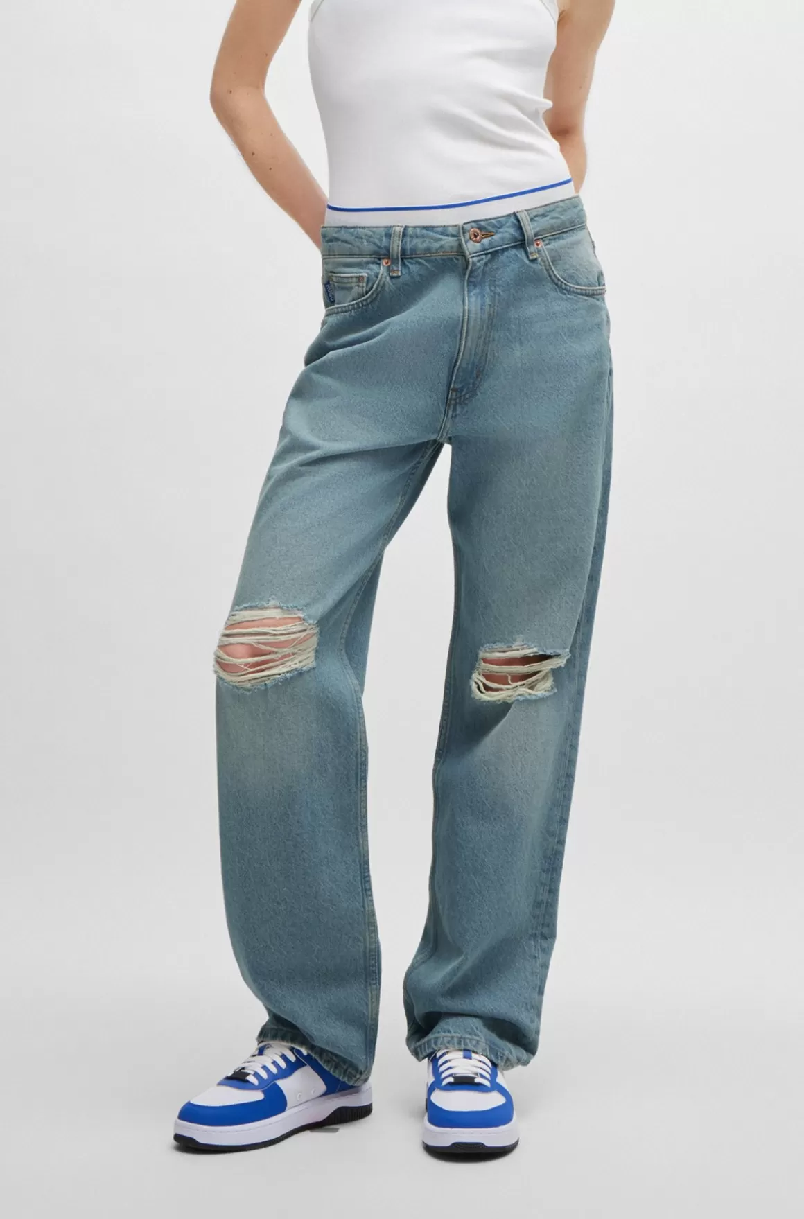 HUGO BOSS Straight Fit Jeans I Marine Denim Med Hullede Knæ
