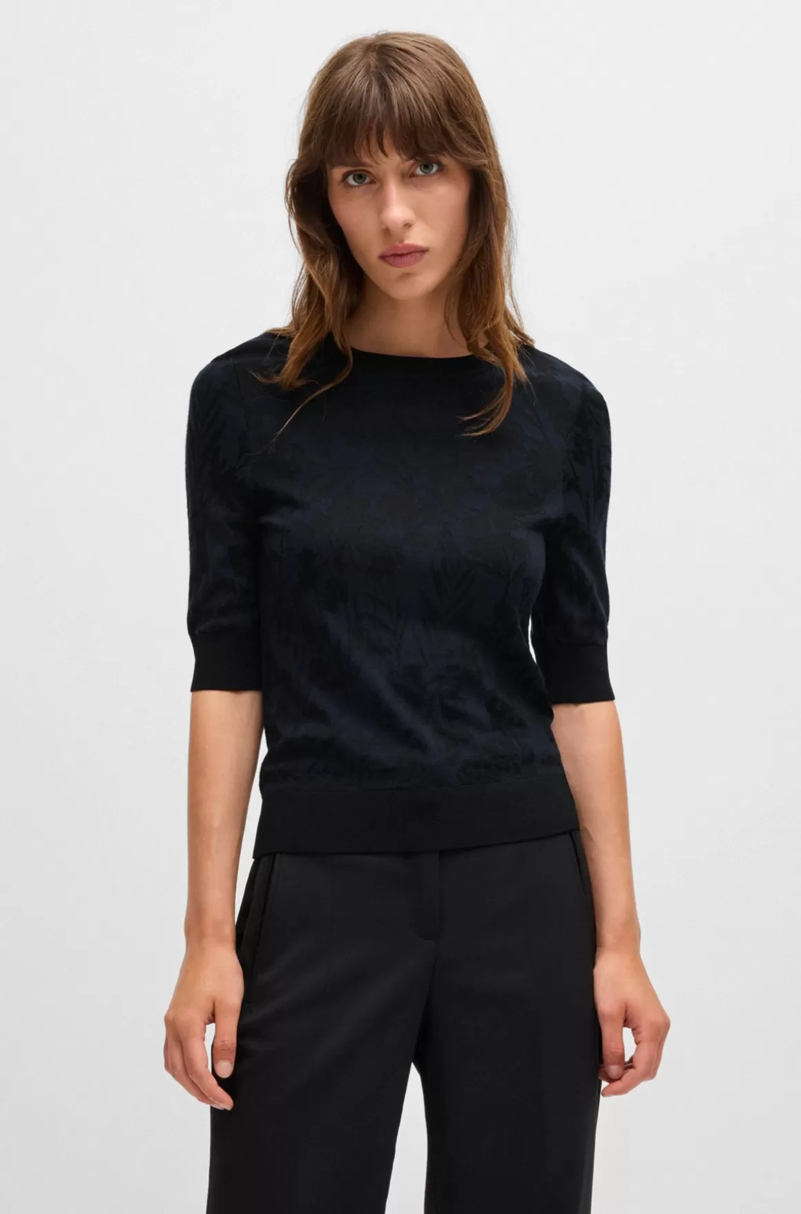HUGO BOSS Sweater I Merinouldblanding Med Strikket Mønster