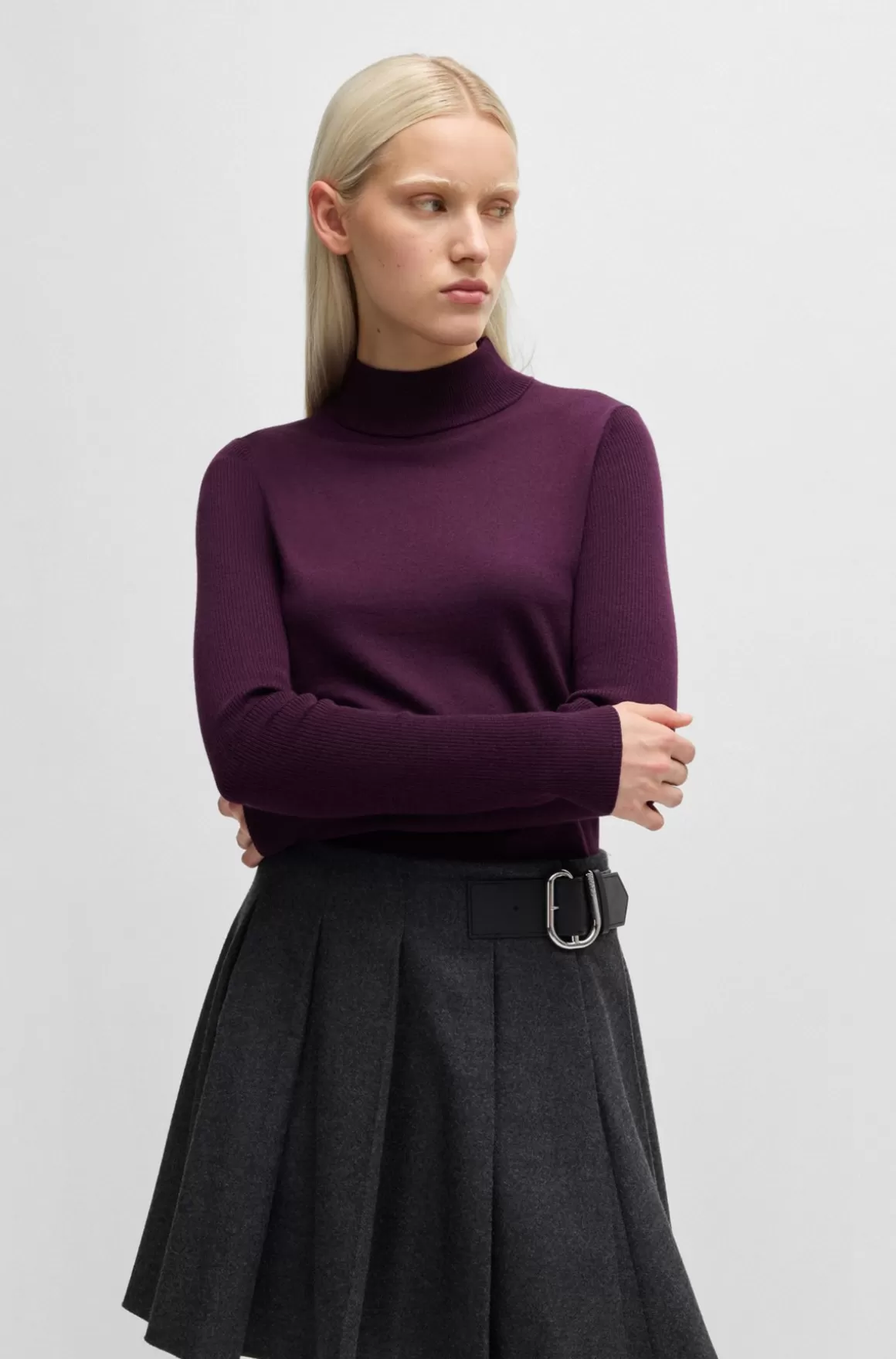 HUGO BOSS Sweater I Ny Uld Med Høj Hals Og Ribærmer