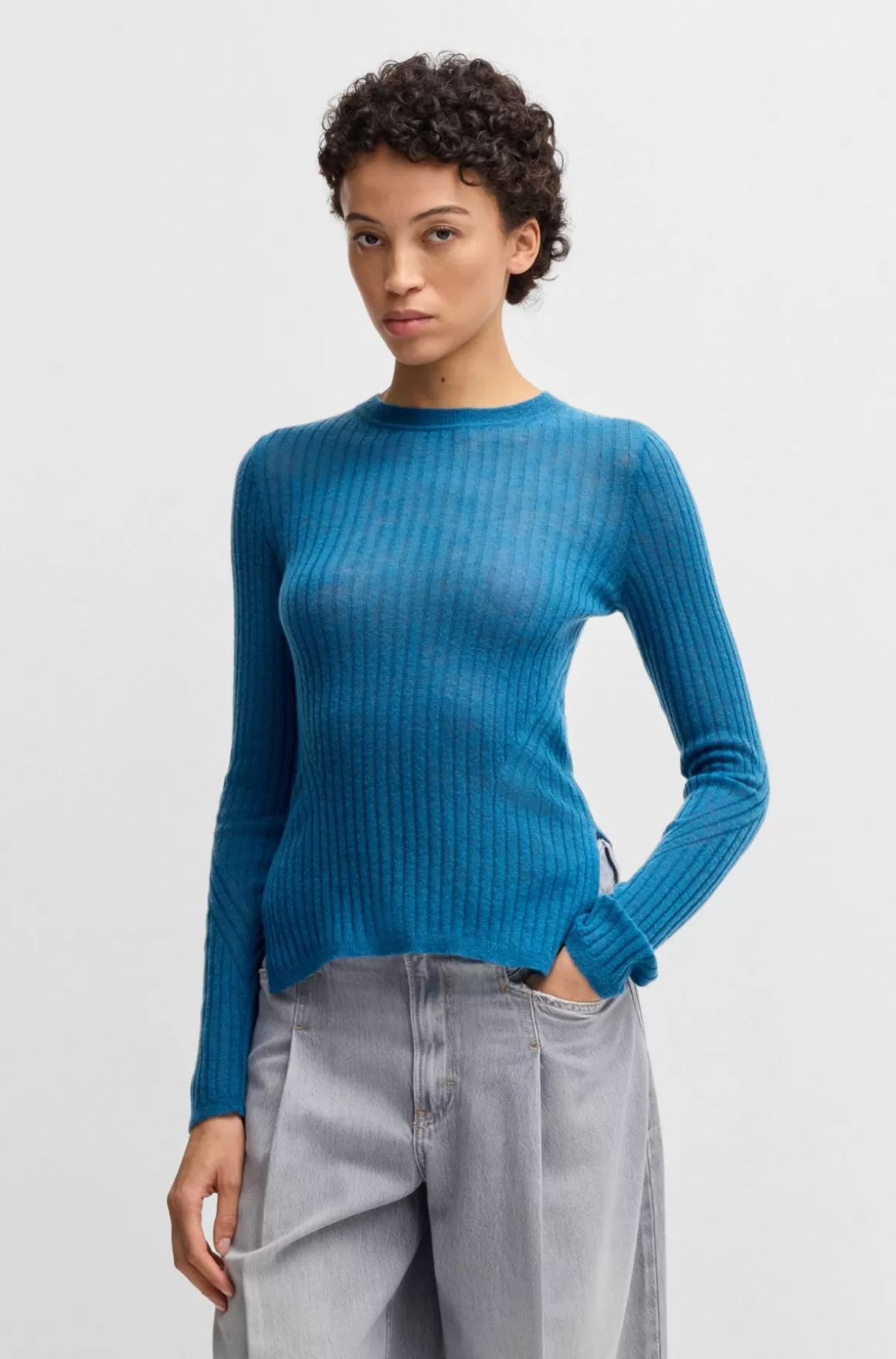 HUGO BOSS Sweater I Uldblanding Med Slim Fit Og Rå Kanter