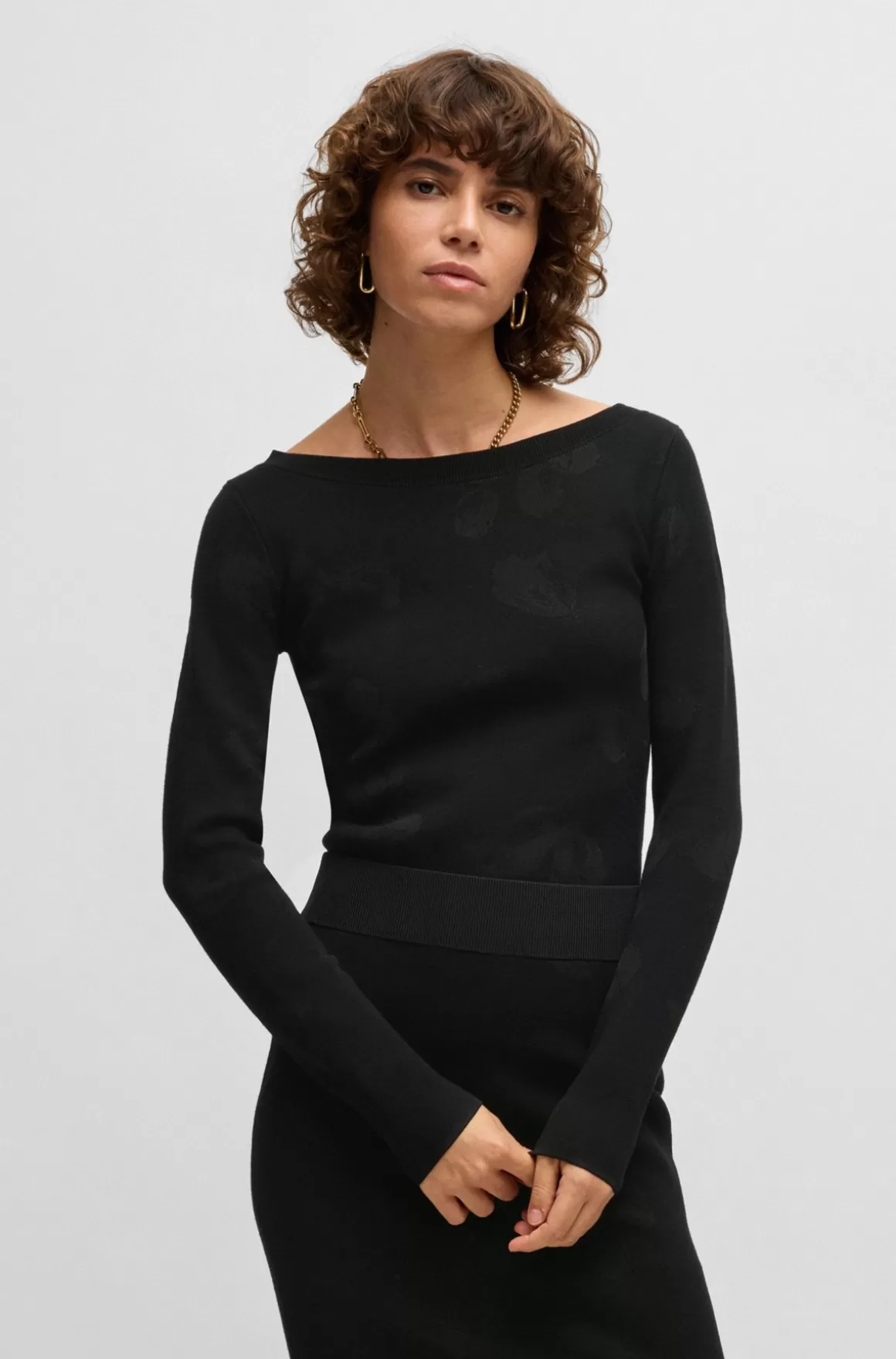 HUGO BOSS Sweater Med Bred Hals I Jacquard Med Stræk