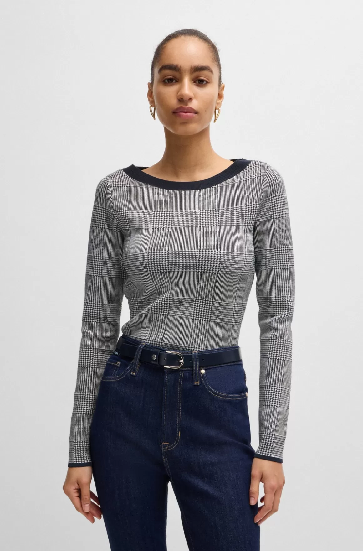 HUGO BOSS Sweater Med Bred Hals I Jacquard Med Stræk