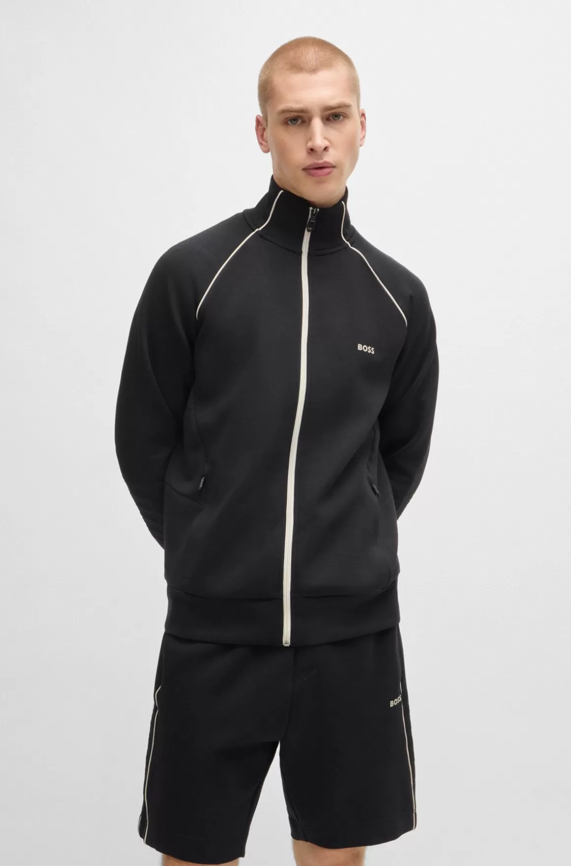HUGO BOSS Sweatshirt I Bomuld Med Stræk, Lynlås, Paspolering Og Branding