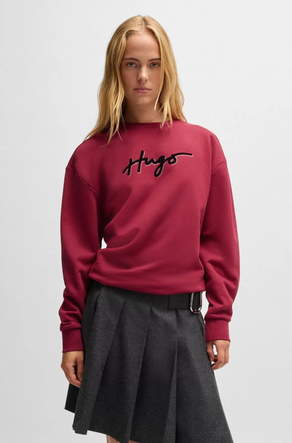 HUGO BOSS Sweatshirt I Bomuldsfrotté Med Velourprint Og Rhinsten