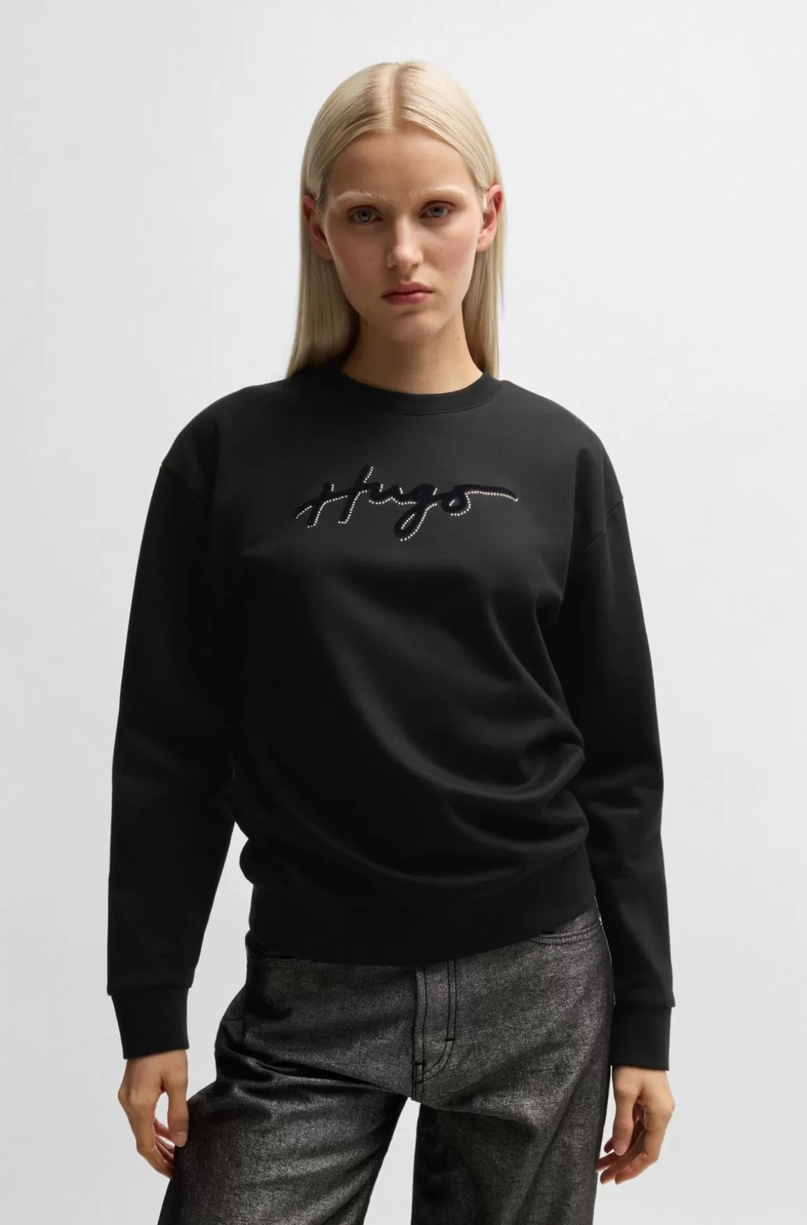 HUGO BOSS Sweatshirt I Bomuldsfrotté Med Velourprint Og Rhinsten