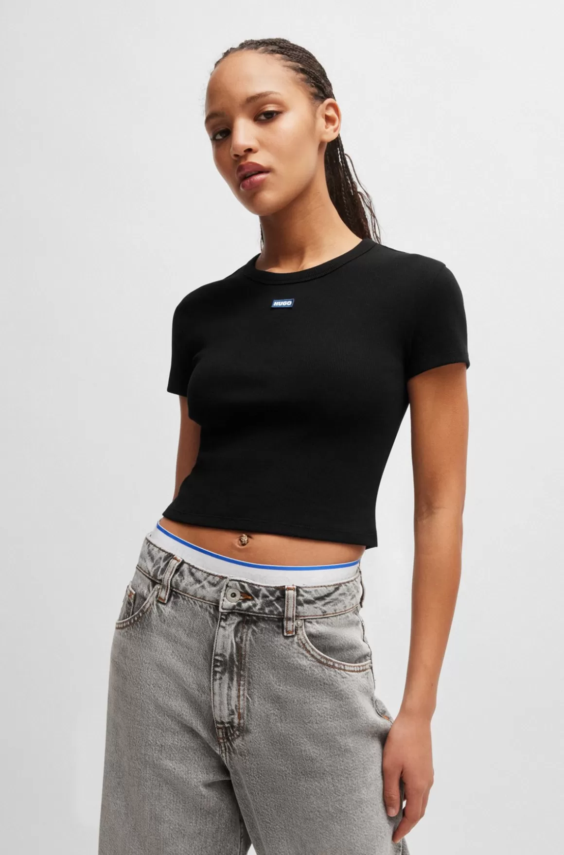 HUGO BOSS T-shirt I Bomuld Med Stræk Med Slim Fit Og Blåt Logomærkat